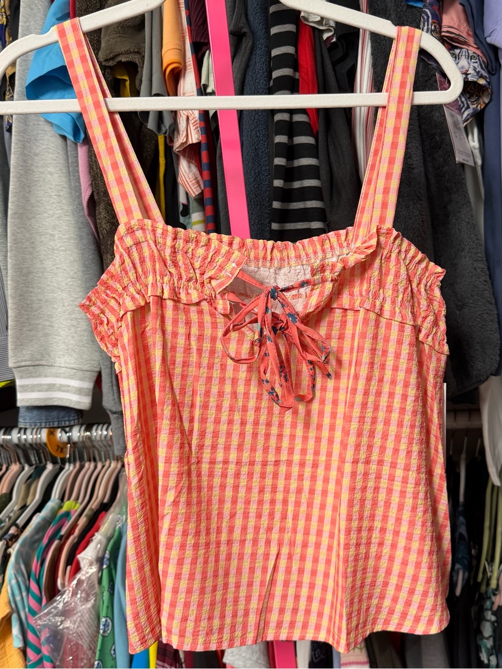 Stella’s Women’s Size Medium Tank Top Blouse Orange Check Floral Tie Front New